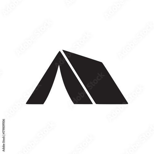 A minimalist black and white illustration of a camping tent on a plain white background in simple style