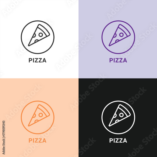 Pizza Slice Line Art Icon with Pepperoni in a Circle for Pizzeria Logos, Restaurant Menus, and Fast Food Apps.