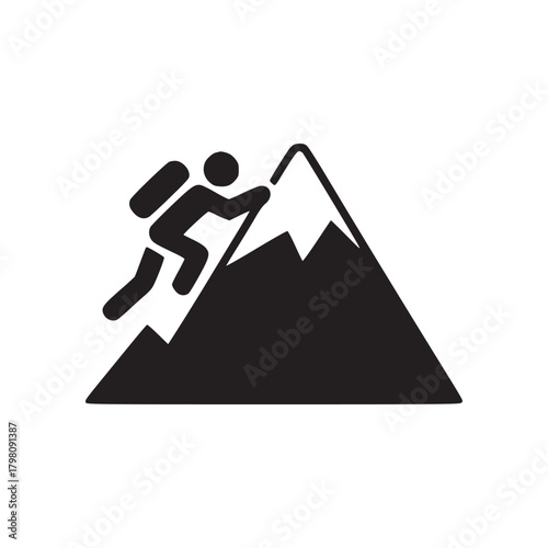 A black and white graphic of a person climbing a mountain with a backpack on a white background