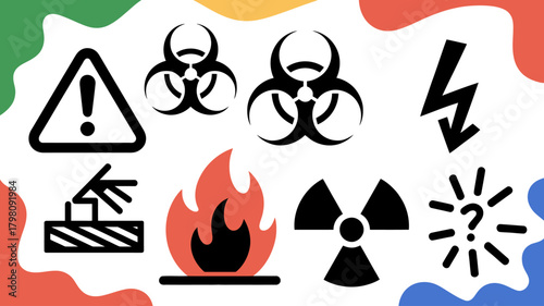 Collection of Warning Symbols Representing Various Hazards and Safety Concerns