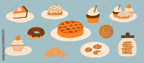 Autumn desserts set. Collection of cupcakes, pies, donuts,cinnamon rolls and cookies. Vector flat illustration.