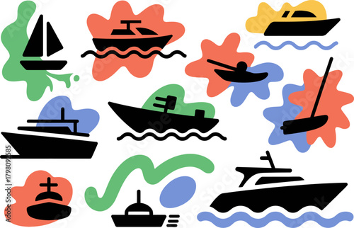 Colorful boats illustration with yacht sailing boat motorboat and sea waves