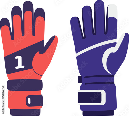 Goalkeeper gloves in red and purple colors with straps  