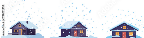 Snowy houses with smoke coming from chimneys in winter scene  