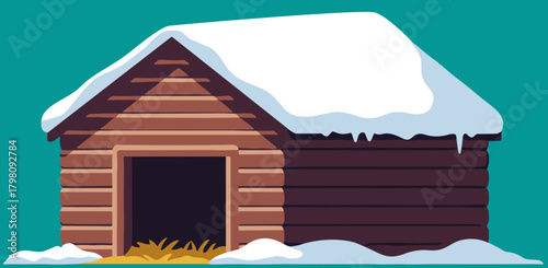 Wooden barn with snow on roof against teal background  