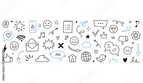Hand-drawn Doodle Icons Set – Sketch Communication, social media, Emotions and Symbol Elements