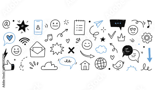 Hand-drawn Doodle Icons Set – Sketch Communication, social media, Emotions and Symbol Elements