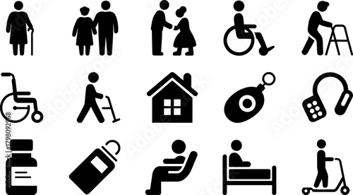 Elderly Care and Assistance Icons Illustration for Healthcare Concepts
