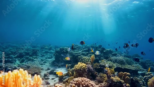 Underwater coral reef with colorful fish in clear blue ocean, slow motion with sun lights  
