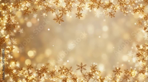 Bright festive golden background with decorative garland lights outlining frame, soft glow, scattered snowflakes and gentle blur, large empty white area in the middle, clean composition, Christmas bg