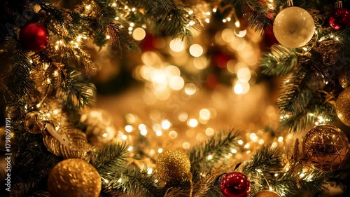 Soft Christmas composition with warm fairy lights arranged as a frame around the border, pine needles, ornaments and subtle sparkle, empty clean area in the center, cozy bright lighting, copy space