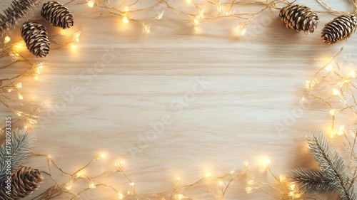 Bright festive background with decorative garland lights outlining the frame, soft golden glow, scattered snowflakes and gentle blur, large empty white area in the middle, clean composition