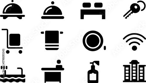 Hotel Amenities and Services Vector Icons Set in Black Color
