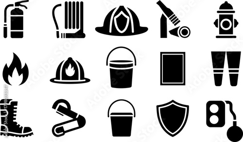 Firefighter and emergency services gear black vector icons set collection