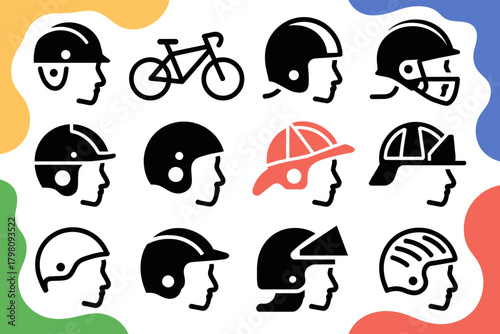 Safety First Helmets and Bicycle Outline Icons Vector Set Design