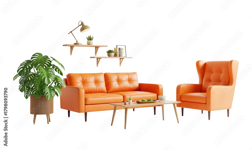 Obraz premium Cozy living room interior with orange sofa, armchair, shelves, monstera plant generative ai illustration