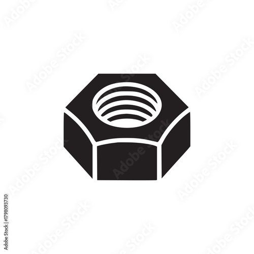 Isolated black and white graphic illustration of a single hex nut on a plain white background