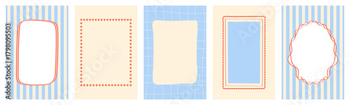 Vintage hand drawn frames with lines, ribbons, and swirls. Colorful minimalist borders in Italian summer style. Decorative elements, stamps, and outlines. Vector template for poster, invitation, card