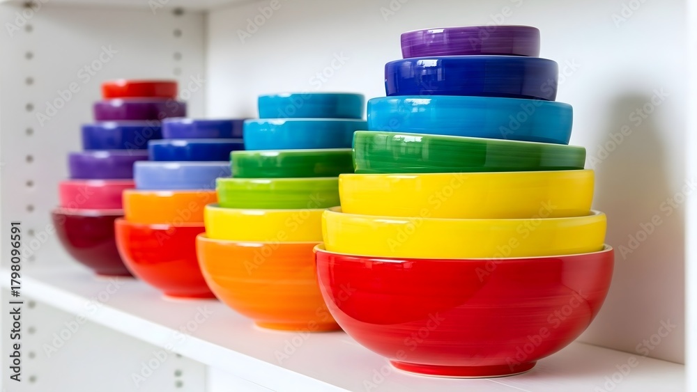 Naklejka premium Colorful bowls stacked on shelf bright kitchenware home goods rainbow dishes ceramic bowls kitchen storage