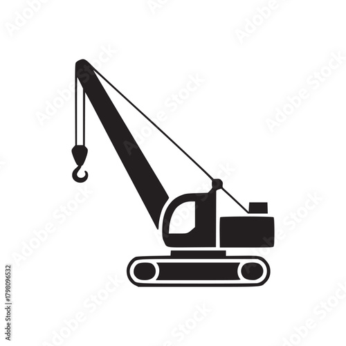 A black silhouette of a crane with a hook and treads on a white background illustration