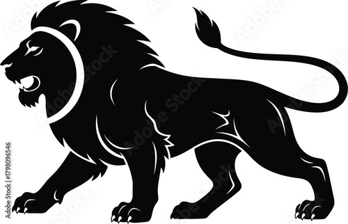 Majestic black lion silhouette roaring fiercely against white background