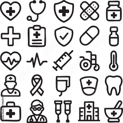 Collection of black medical icons on white background healthcare health