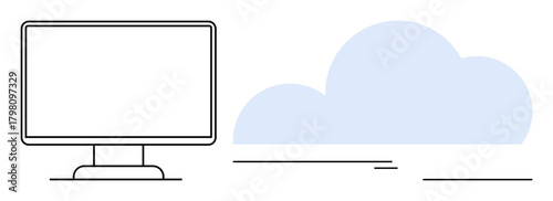 Desktop monitor beside cloud shape to symbolize online data storage, remote access, and modern digital services. Ideal for technology, communication, cloud computing, storage, innovation, remote