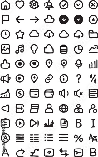 Collection of hand drawn black and white icons on white background doodle