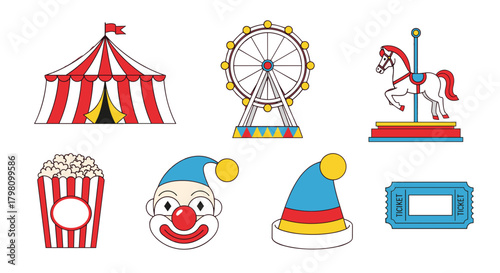 Illustration featuring circus tent ferris wheel carousel horse popcorn clown ticket and clown hat items