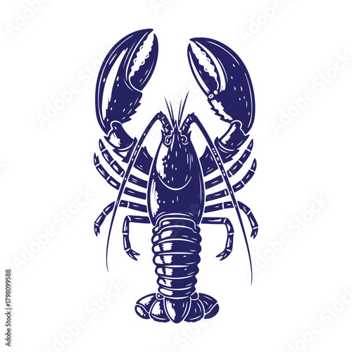 Dark blue lobster illustration in a vintage woodcut style with large raised claws