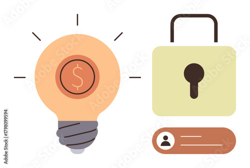 Lightbulb with dollar sign symbolizing ideas, large padlock for security, and user credentials icon. Ideal for creativity, finance, innovation, security, privacy, intellectual property and access