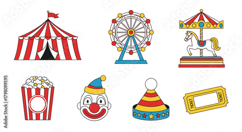 Illustration of a circus theme featuring a tent, ferris wheel, carousel and other elements like popcorn