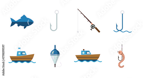 Illustration of fishing equipment including fish hooks fishing rod boats and a worm on a hook