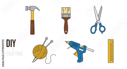 Illustration of diy and crafting tools including hammer, paint brush, scissors and glue gun tools