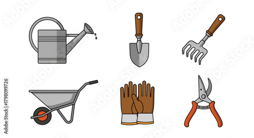 Illustration of gardening tools including watering can, shovel, rake, wheelbarrow, gloves, and shears