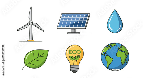 Illustration showing a wind turbine, solar panel, water drop, leaf, eco bulb and earth globe icons