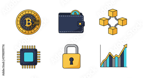 Illustration showing bitcoin, wallet, blockchain, chip, padlock, and growth chart on white background