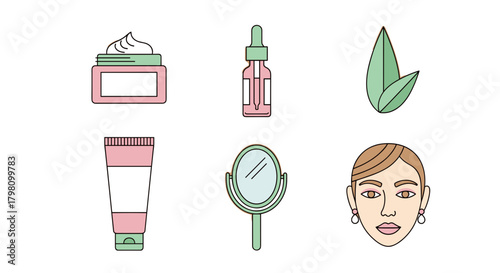 Illustration of skincare products including cream, serum, lotion, mirror, leaves and face of woman