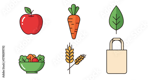 Illustration of fresh produce including apple carrot leaf salad wheat and a reusable shopping bag item set