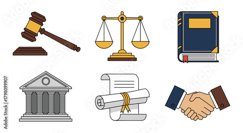 Illustration of legal symbols including a gavel, scales, book, courthouse, and handshake design