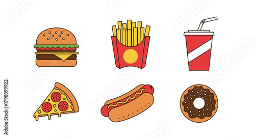 Illustration of assorted fast food items including burger fries soda pizza hotdog and donut icons