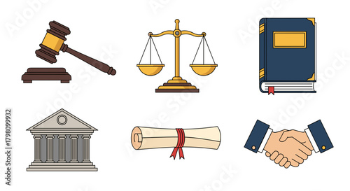 Illustration of legal symbols including a gavel, scales, law book, courthouse, diploma, and handshake