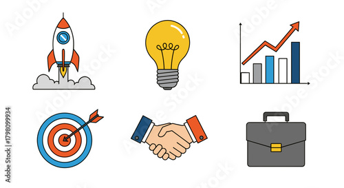 Illustration of business and startup elements including rocket, lightbulb, graph, and handshake