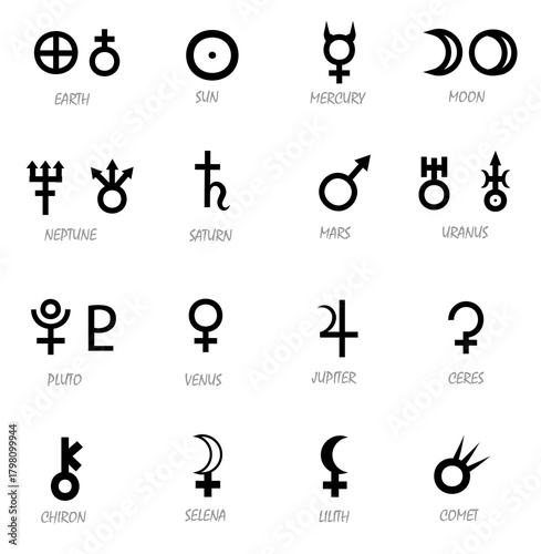 Black astrological symbols on a transparent background of planets and astrological objects such as Earth, the Sun, Mercury, the Moon, Neptune, Saturn, Mars, Uranus, Pluto, Venus, Jupiter, Ceres, Chiro