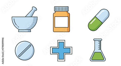 Illustration of mortar and pestle pill bottle capsule tablet medical cross and flask icons set up nicely