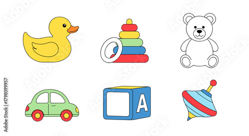 Illustration of six colorful toys including a duck, stacking rings, teddy bear, car, block, and top