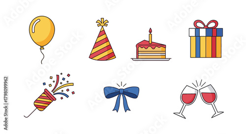 Illustration showing a festive party with balloon party hat cake gift cracker bow and wine glasses