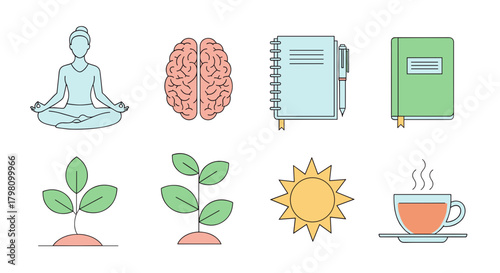 Illustration of mindfulness, brain health, journaling, growth, sunshine, and warm beverage icons