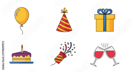 Illustration of birthday party elements including a balloon, hat, gift, cake, popper and glasses