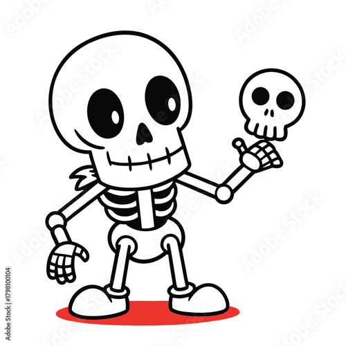 A cartoon skeleton stands holding a skull in its hand, the skeleton is a playful character, perfect for halloween or educational materials